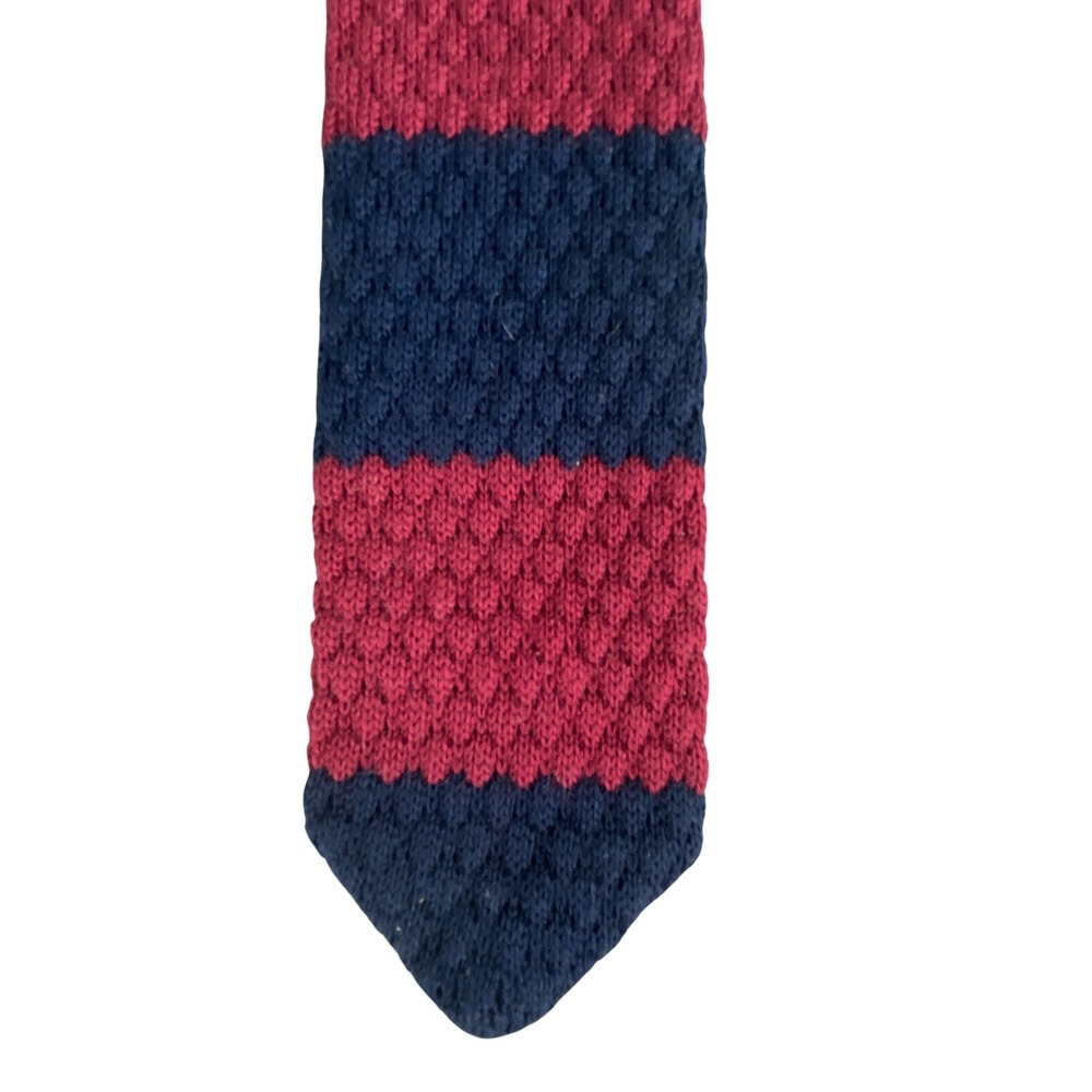 Knottery New York Mens Wool Knit Tie Striped Navy Burgundy Red 57.5x2 Skinny